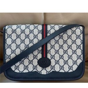 Authentic Vintage Gucci Web Monogram Canvas Leather Flap Crossbody Messenger Bag